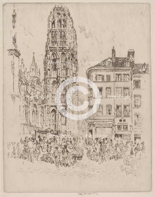 Flower Market and Butter Tower, Rouen, 1907. Creator: Joseph Pennell.
