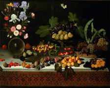 Flower and fruit on a table, ca. 1600. Creator: Maestro di Hartford (active End of 16th - Early 17th cen.)