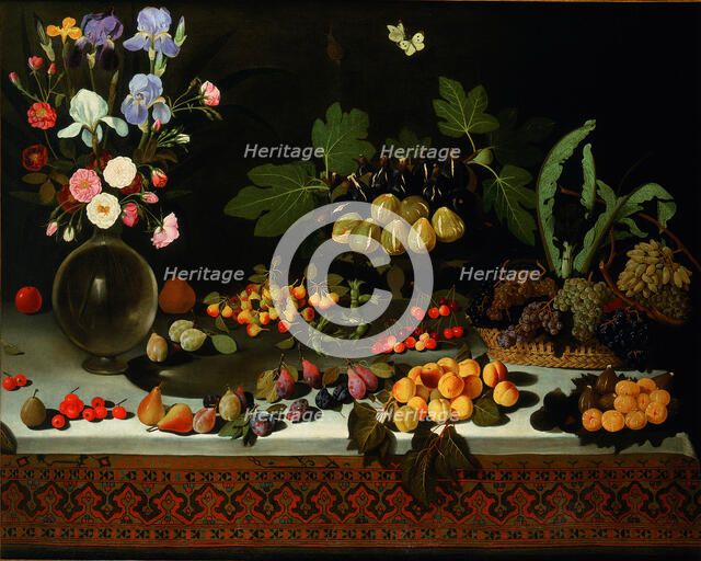Flower and fruit on a table, ca. 1600. Creator: Maestro di Hartford (active End of 16th - Early 17th cen.).