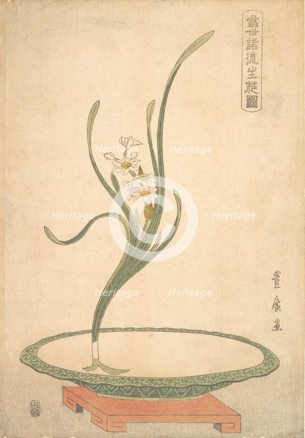 Flower Arrangement of Suisen (Narcissus) in a Flat Green Dish. Creator: Utagawa Toyohiro.