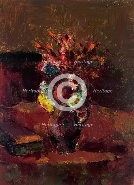 Flower bouquet with red tablecloth, 1913. Creator: Anton Faistauer.