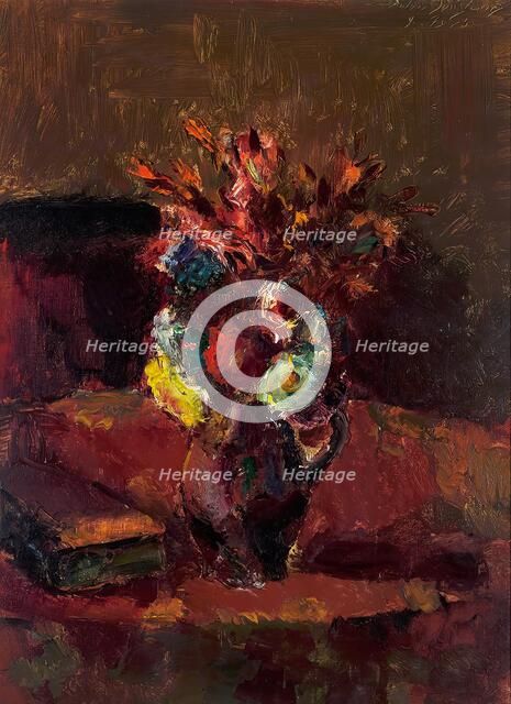 Flower bouquet with red tablecloth, 1913. Creator: Anton Faistauer.