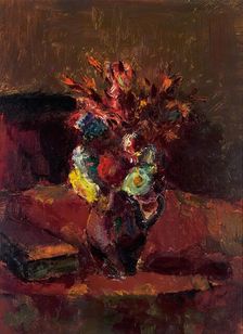 Flower bouquet with red tablecloth, 1913. Creator: Anton Faistauer