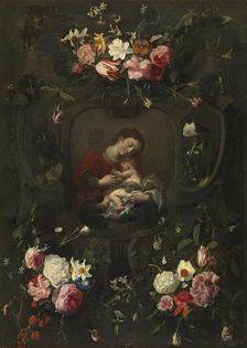 Flower garland around a Madonna and Child, early-mid 17th century. Creator: Daniel Seghers
