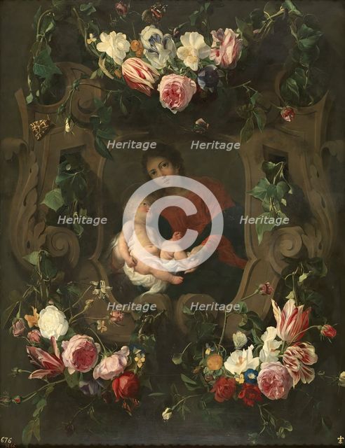 Flower garland around the Virgin and Child, early-mid 17th century.  Creators: Daniel Seghers, Cornelis Schut I.