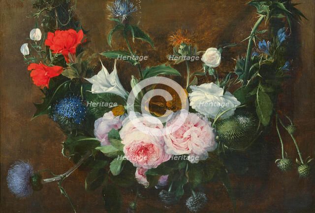 Flower garland with roses and thistles, 17th century. Creator: Hecke, Jan van den (1620-1684).