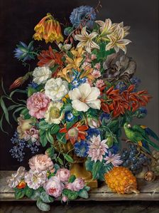 Flower piece with pineapple, grapes and parrot, 1833. Creator: Franz Xaver Petter