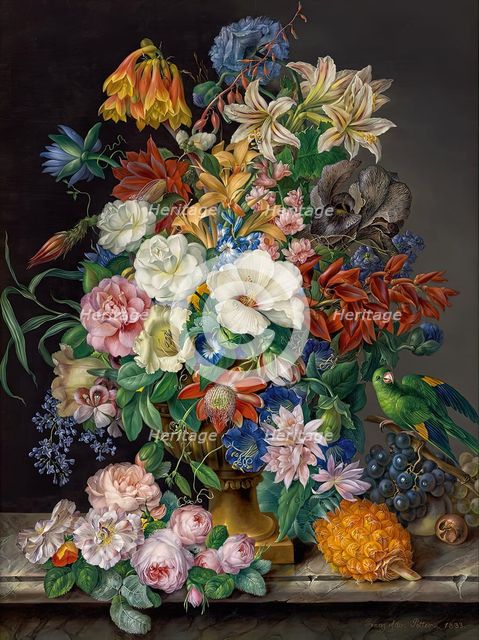 Flower piece with pineapple, grapes and parrot, 1833. Creator: Franz Xaver Petter.