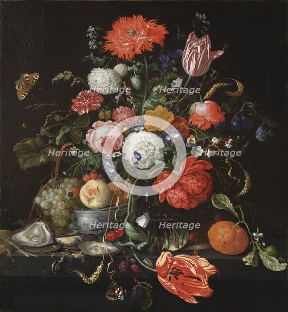 Flower Still Life with a Bowl of Fruit and Oysters, probably between 1665 and 1665. Creator: Jan Davidsz de Heem.