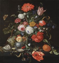 Flower Still Life with a Bowl of Fruit and Oysters, probably between 1665 and 1665. Creator: Jan Davidsz de Heem