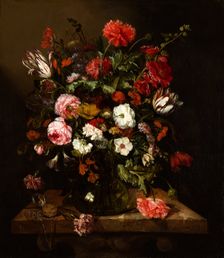 Flower Still Life with a Timepiece, c1640-1690. Creator: Abraham van Beyeren