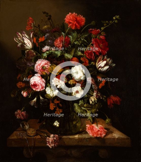 Flower Still Life with a Timepiece, c1640-1690. Creator: Abraham van Beyeren.
