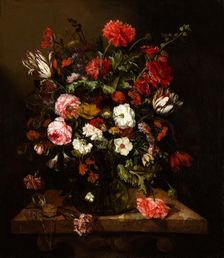 Flower Still Life with a Timepiece, c1640-1690. Creator: Abraham van Beyeren