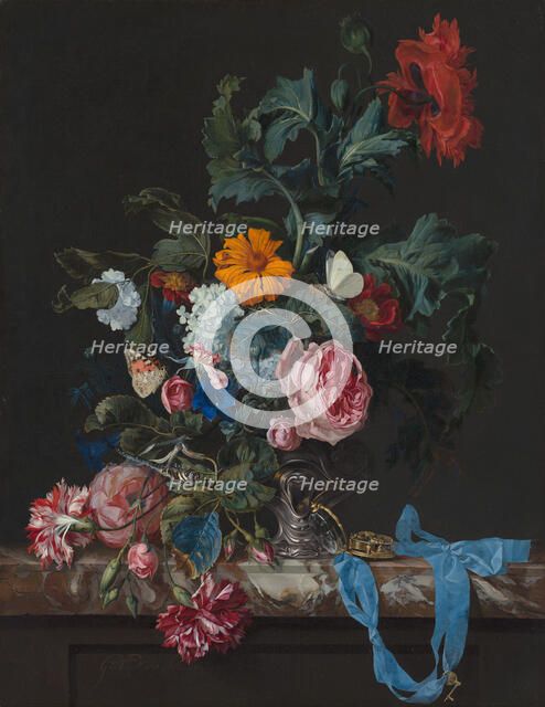 Flower Still Life with a Timepiece, c1647-1683. Creator: Willem van Aelst.