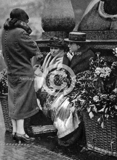Flower sellers, Piccadilly Circus, London, 1926-1927. Artist: Unknown