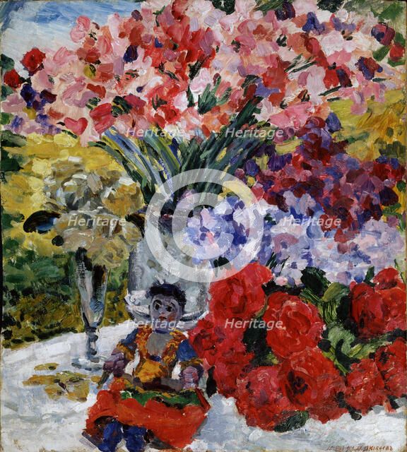 Flowers and a doll, 1916. Artist: Yakovlev, Mikhail Nikolayevich (1880-1942)