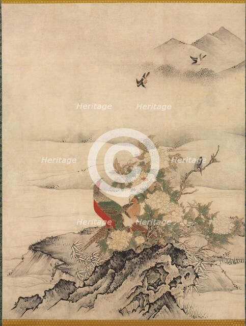 Flowers and Birds in a Spring Landscape, 1500s. Creator: Kano Motonobu (Japanese, c. 1476-1559), attributed to.