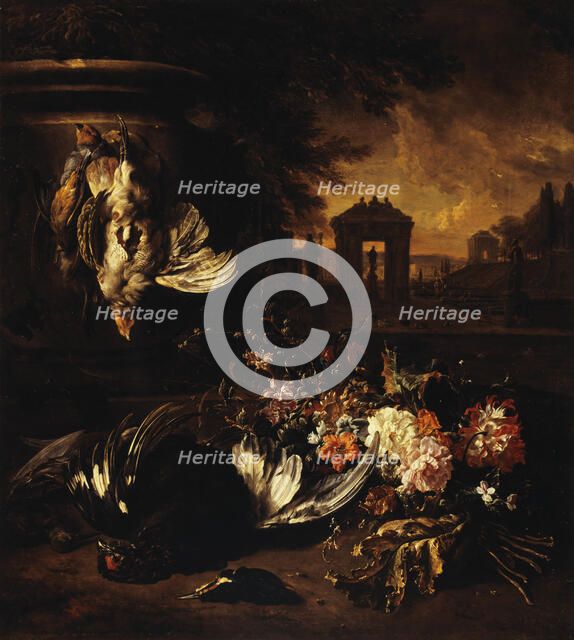 Flowers and dead game in front of a landscape, between 1662 and 1719. Creator: Jan Weenix.