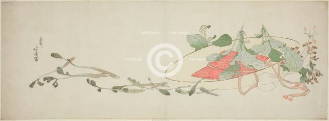 Flowers and spring greens in a hat, Japan, c. 1801. Creator: Hokusai.