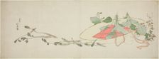 Flowers and spring greens in a hat, Japan, c. 1801. Creator: Hokusai