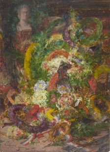 Flowers and wreaths in the burial chamber, 1885. Creator: Georges Jeannin