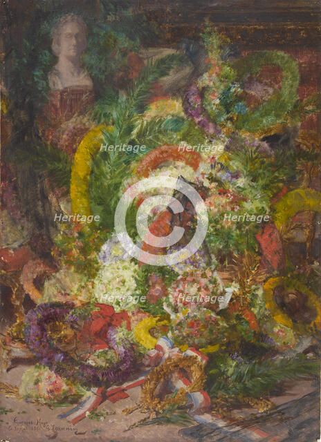 Flowers and wreaths in the burial chamber, 1885. Creator: Georges Jeannin.