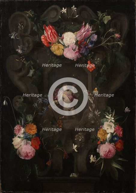 Flowers Around a Cartouche with an Image of Putto. Creator: Unknown.