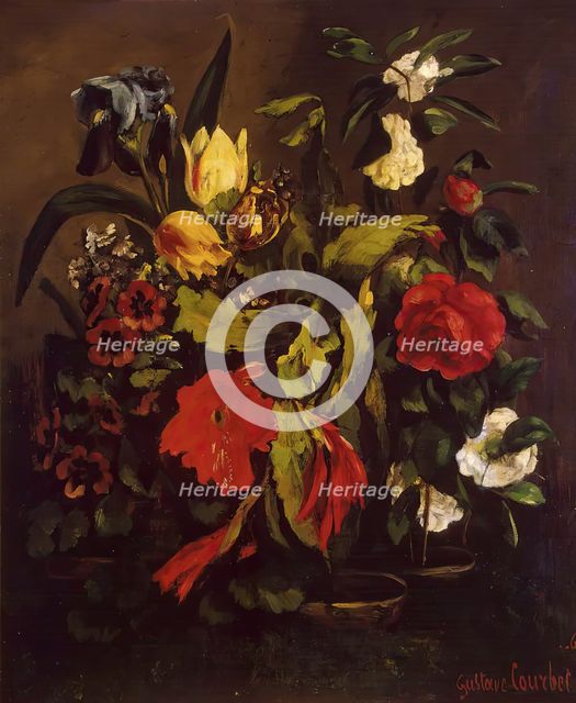 Flowers (Camellias, Tulips, Irises and Other Flowers in Two Pots), 1863. Creator: Gustave Courbet.