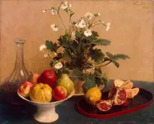 Flowers, Dish with Fruit and Carafe 1865. Creator: Fantin-Latour, Henri (1836-1904)