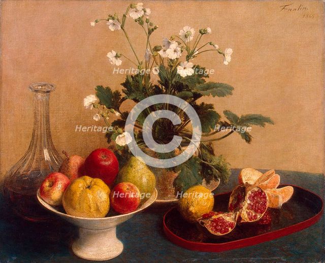 Flowers, Dish with Fruit and Carafe', 1865. Creator: Fantin-Latour, Henri (1836-1904).