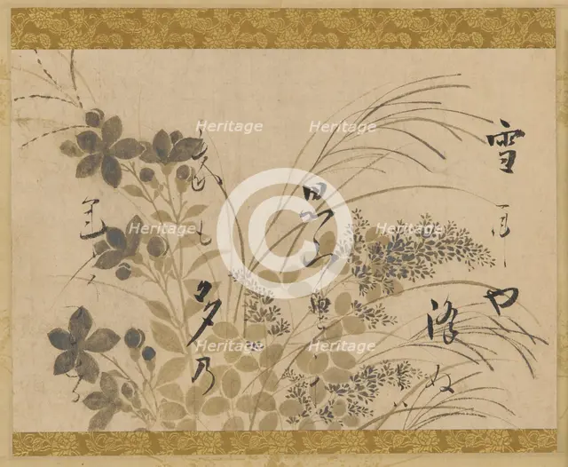 Flowers, grasses, and a poem, Edo period, 1615-1637. Creator: Hon'ami Kôetsu.