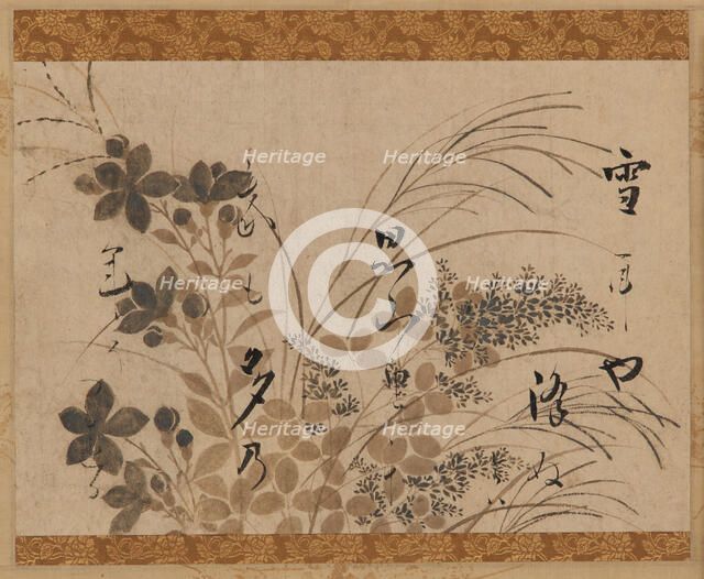 Flowers, grasses, and a poem, Edo period, 1615-1637. Creator: Hon'ami Kôetsu.