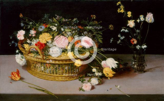 Flowers in a Basket and a Vase, 1615. Creator: Jan Brueghel the Elder.
