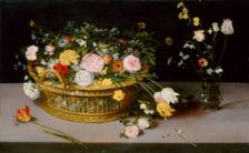 Flowers in a Basket and a Vase, 1615. Creator: Jan Brueghel the Elder