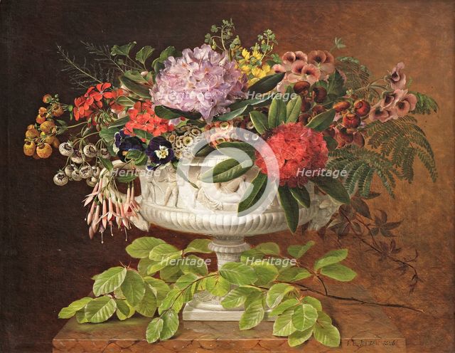 Flowers in a centrepiece on a marble windowsill with a beech branch, 1846. Creator: Johan Laurentz Jensen.