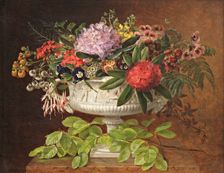Flowers in a centrepiece on a marble windowsill with a beech branch, 1846. Creator: Johan Laurentz Jensen