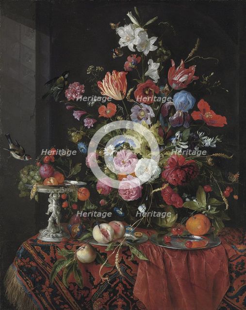 Flowers in a glass vase on a draped table, with a silver tazza, fruit, insects and birds. Artist: Heem, Jan Davidsz. de (1606-1684)