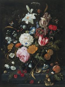 Flowers in a glass Vase with Fruit, 1665. Creator: Jan Davidsz de Heem