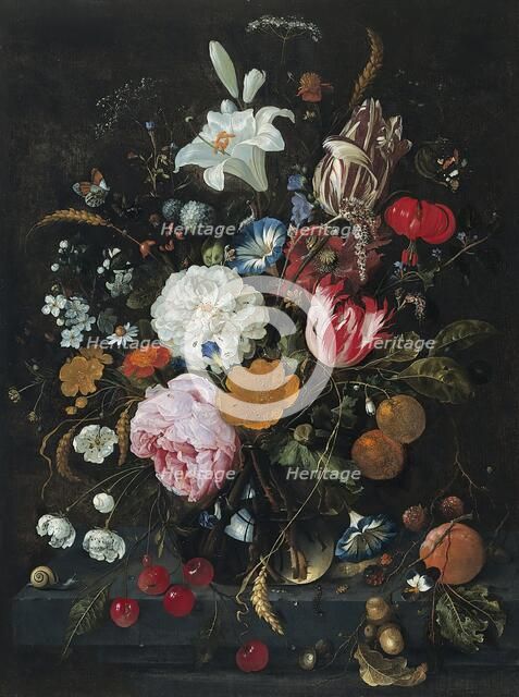 Flowers in a glass Vase with Fruit, 1665. Creator: Jan Davidsz de Heem.