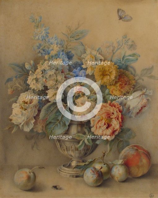 Flowers in a Silver Caster, Fruit in the Foreground, 18th century. Creator: Jacques Andre Portail.