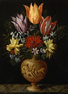 Flowers in a vase on a marble plinth, First Half of 17th cen.. Creator: Borcht; Hendrik van der; the Elder (1583-1651)