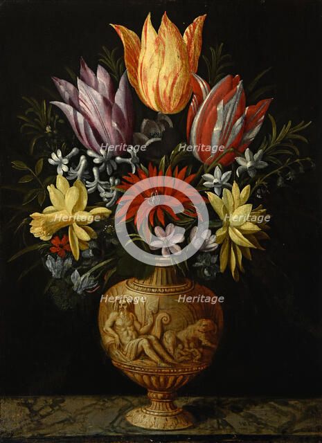 Flowers in a vase on a marble plinth, First Half of 17th cen.. Creator: Borcht; Hendrik van der; the Elder (1583-1651).