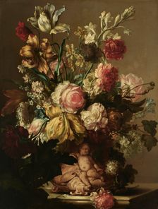 Flowers in a Vase with a Putto, 17th century. Creator: Isabella Peeters