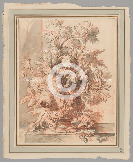 Flowers in an Urn Decorated with Putti, on a Plinth, early 18th century. Creator: Jan van Huysum.