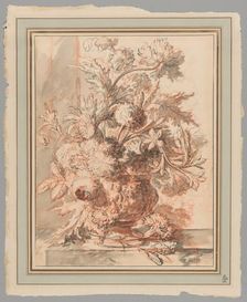 Flowers in an Urn Decorated with Putti, on a Plinth, early 18th century. Creator: Jan van Huysum