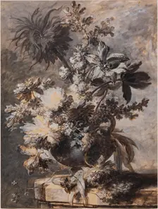 Flowers in an Urn on a Plinth, 1730s. Creator: Jan van Huysum