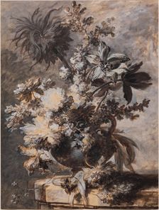 Flowers in an Urn on a Plinth, 1730s. Creator: Jan van Huysum