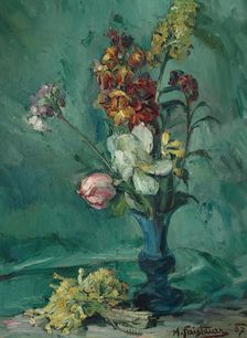 Flowers in blue vase and primrose bouquet, 1907. Creator: Anton Faistauer