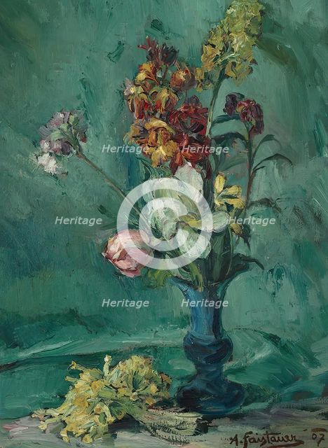 Flowers in blue vase and primrose bouquet, 1907. Creator: Anton Faistauer.