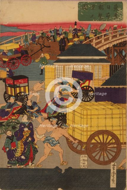 Flourishing Nihonbashi section of Tokyo. (Tokyo Nihonbashi han ei no zu) Triptych. Artist: Yoshitora, Utagawa (active 1850-1880)